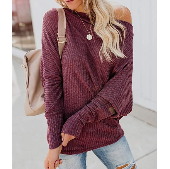 Boutique Tops - New Slouchy Off shoulder Waffle Knit Sweater Top